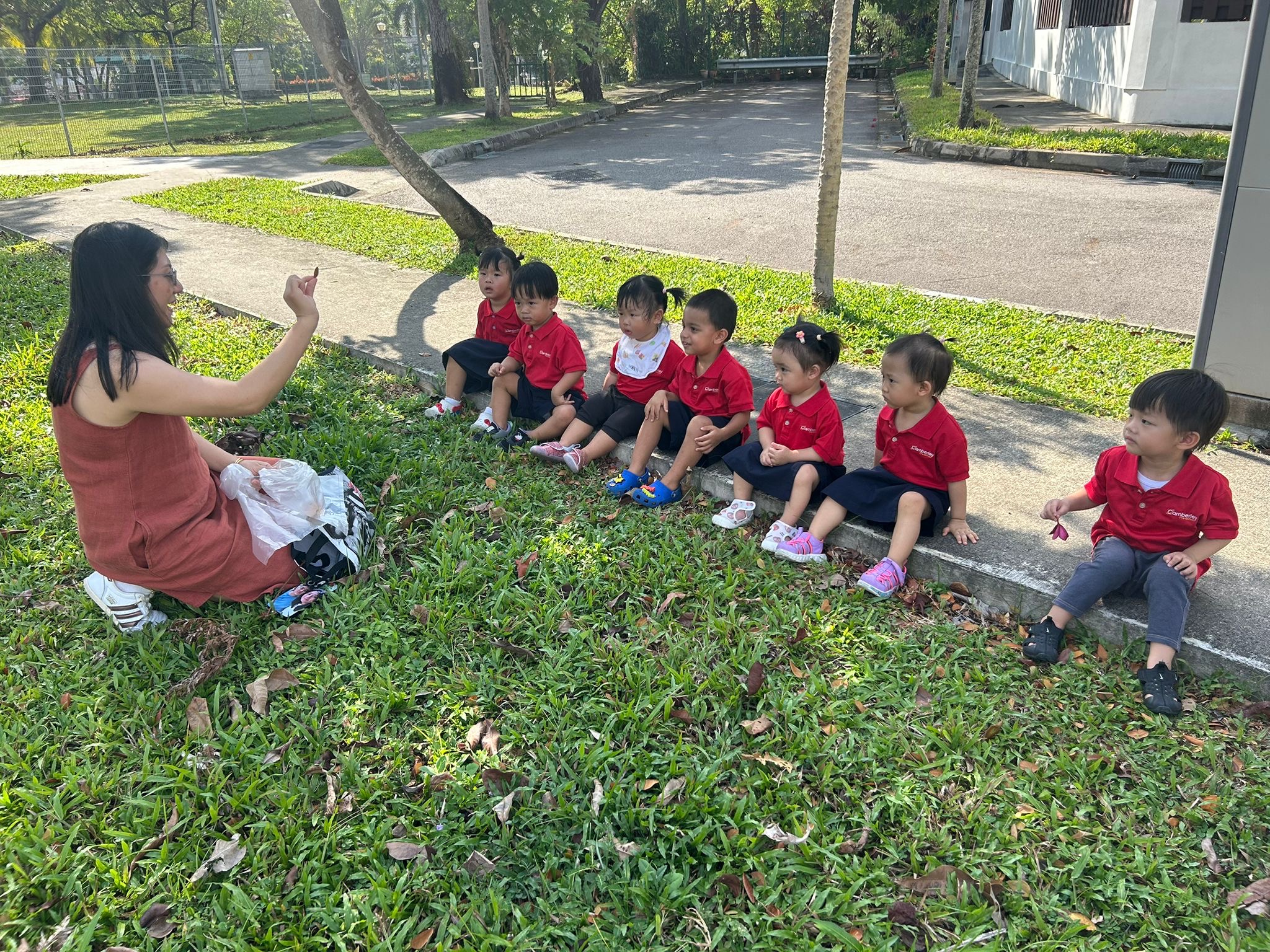 Teacher showing children a leaf during an outdoor nature discovery activity